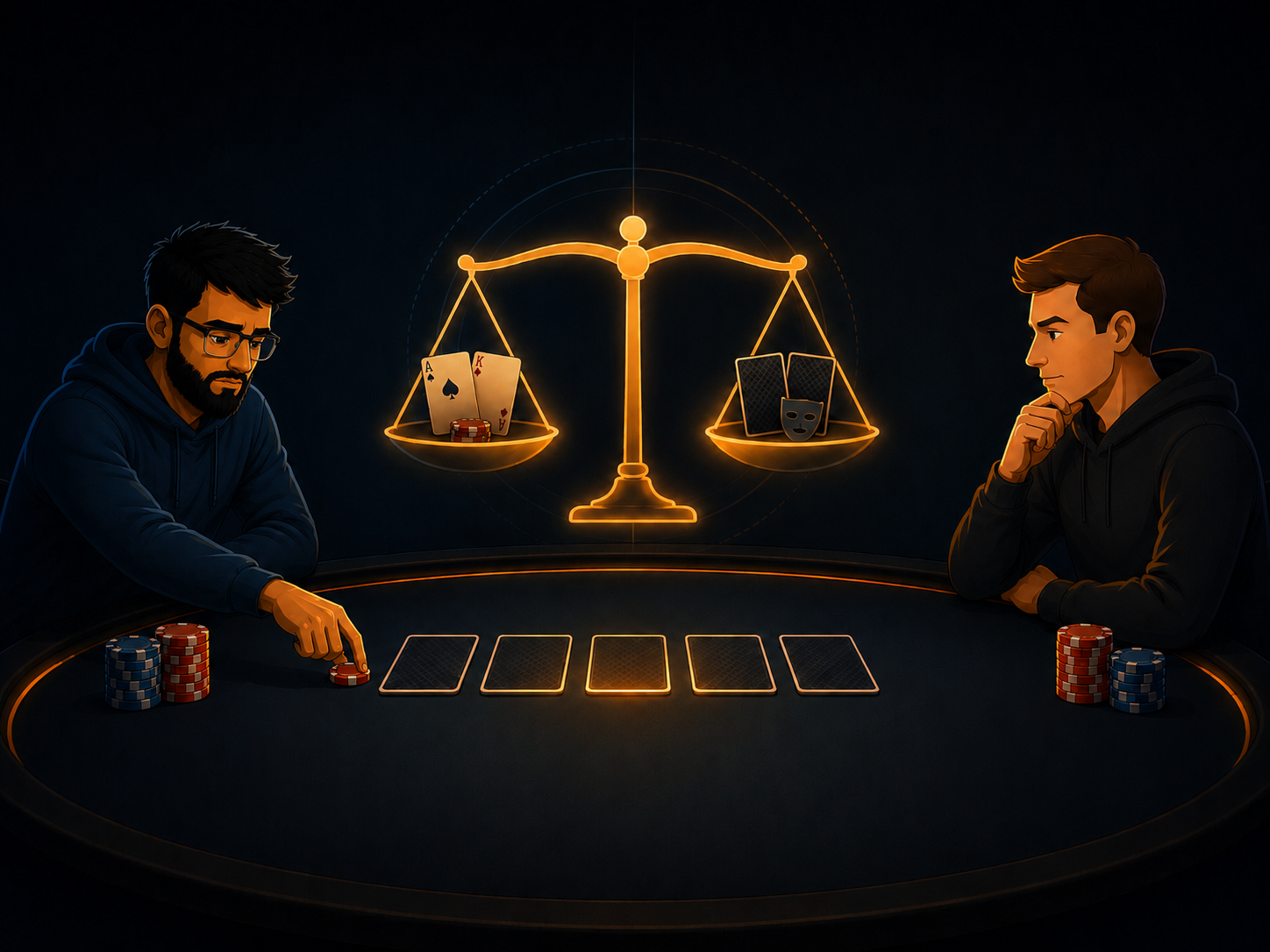 Illustration d’une balance montrant la value d’un côté et le bluff de l’autre.