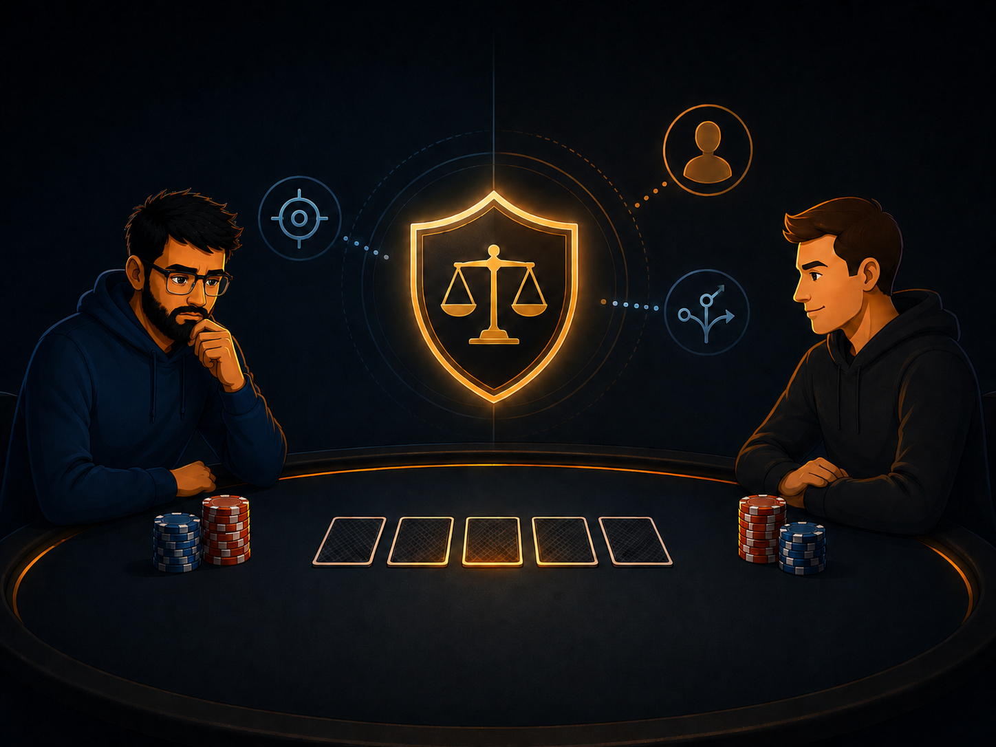 Illustration de deux joueurs de poker face à un symbole d’équilibre GTO.
