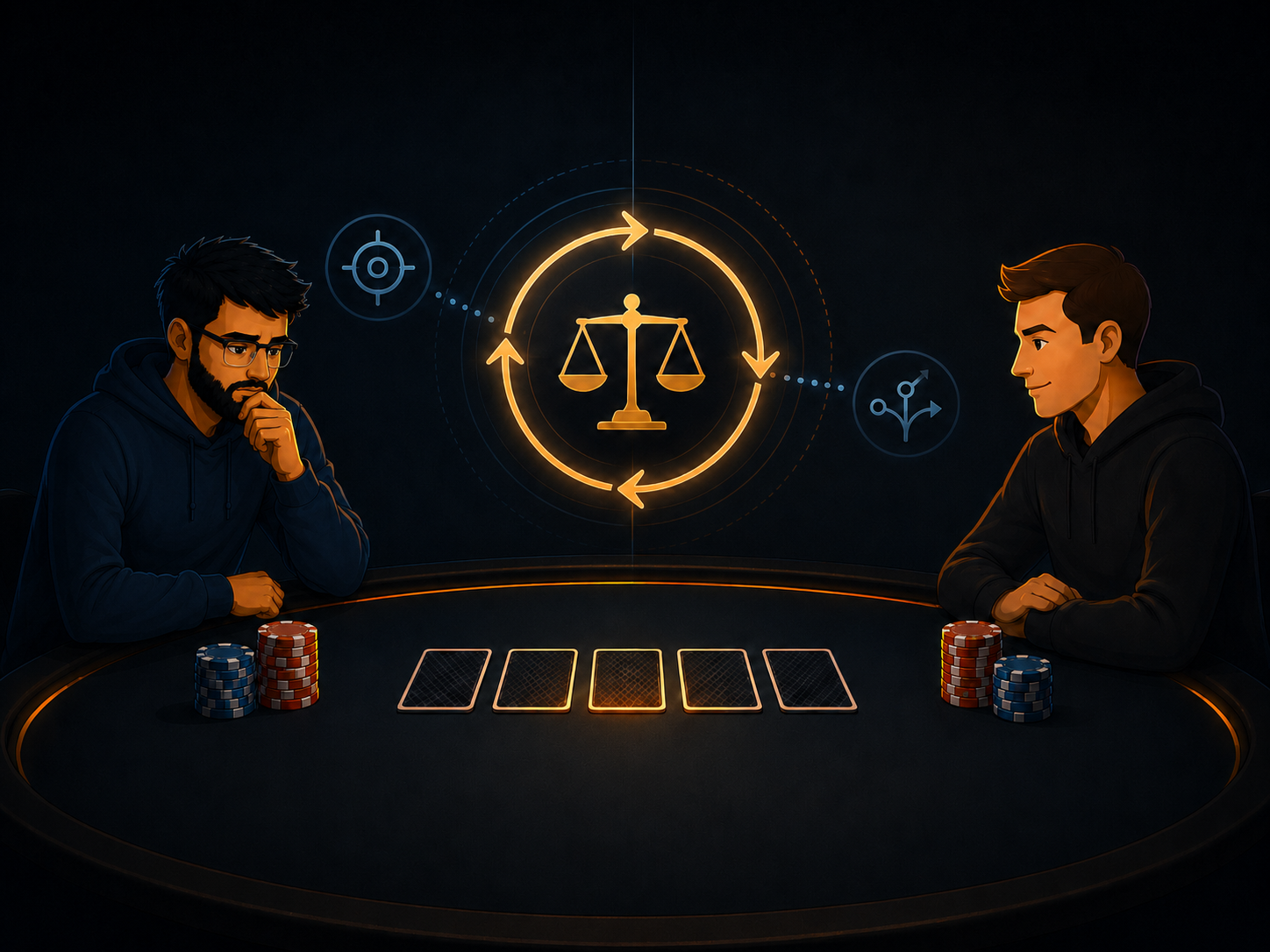 Illustration d’une table de poker avec des symboles de théorie des jeux et des flèches.