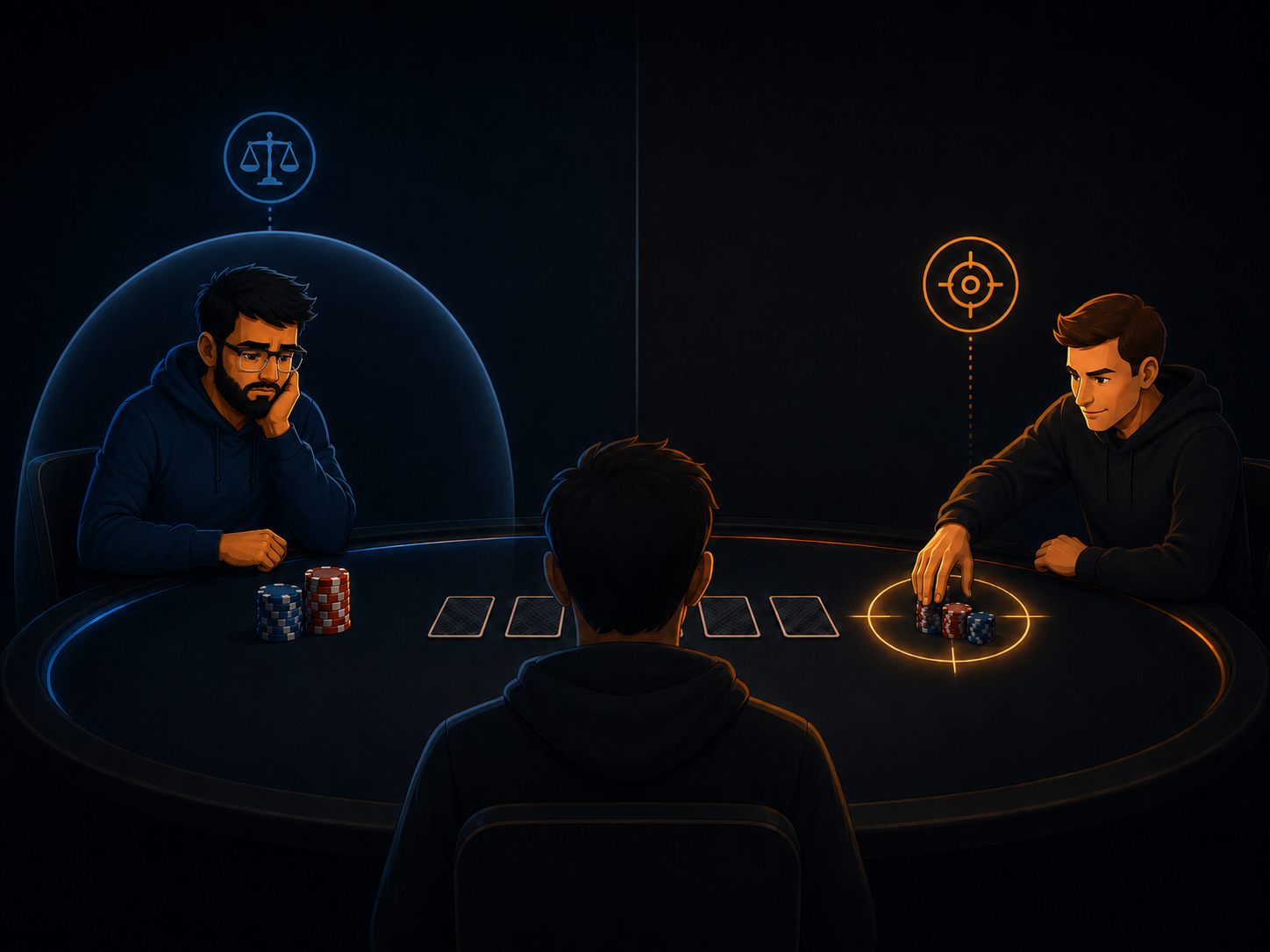 Illustration d’une table de poker avec une action adverse mise en évidence comme cible.