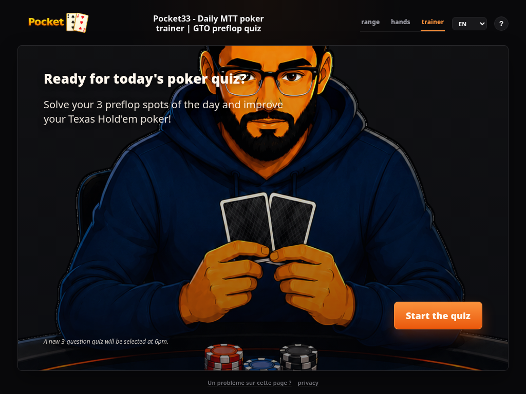 Pocket33 trainer landing page shown on a poker training interface.