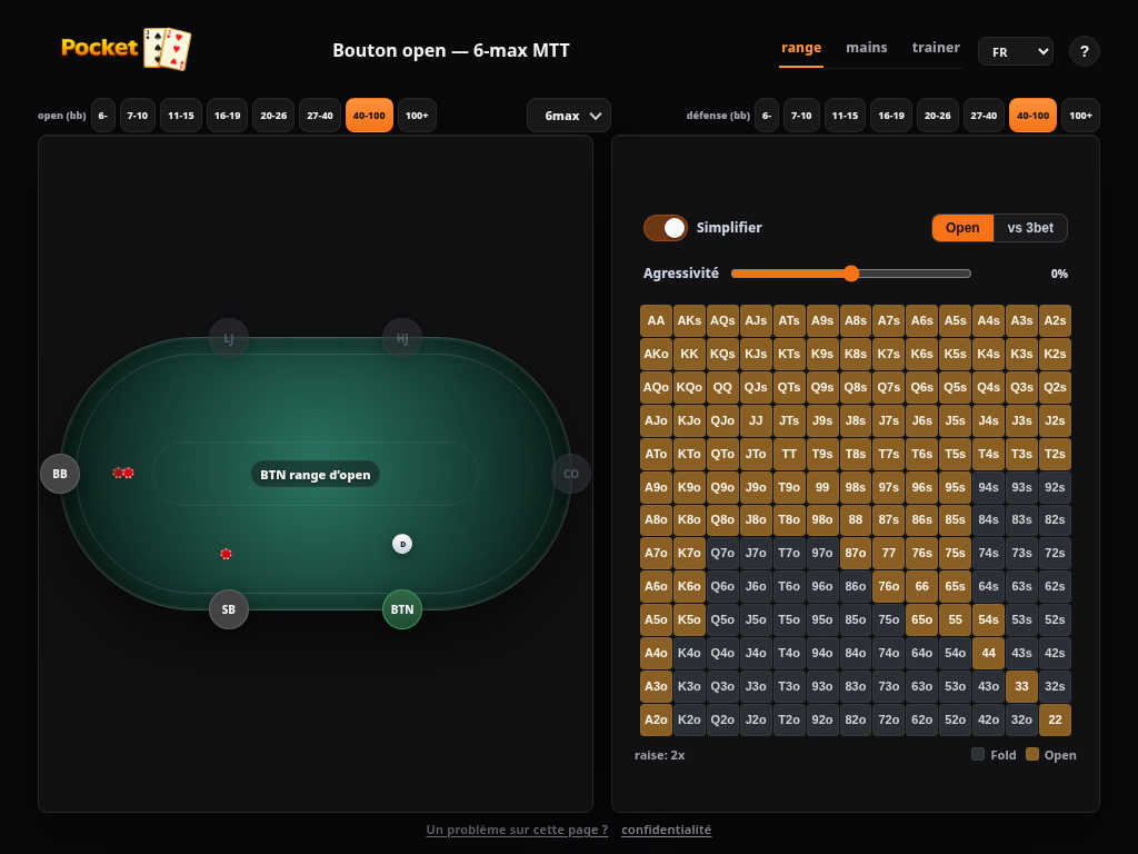 Interface Pocket33 montrant une table de poker et une grille préflop 13x13.