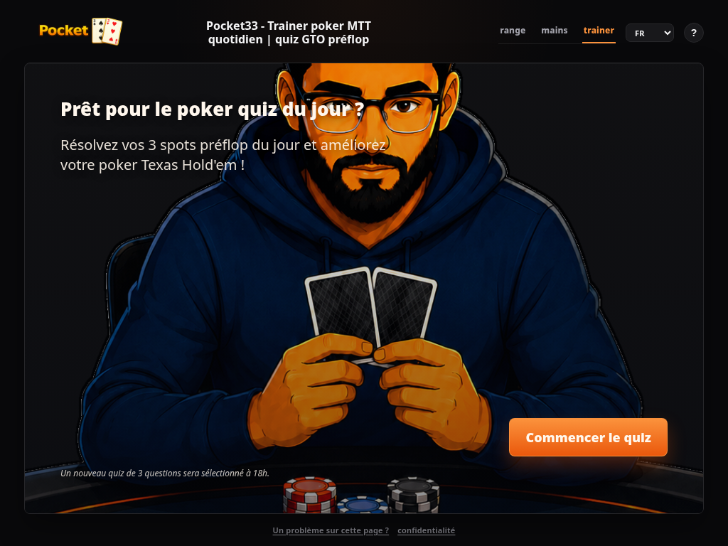 Écran d’accueil du trainer Pocket33 sur une interface d’entraînement au poker.